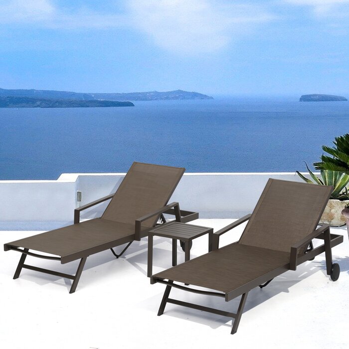 Latitude RunÂ® 3pcs Adjustable Aluminum patio Chaise Lounge Chair With 2 Wheels And Square Side 